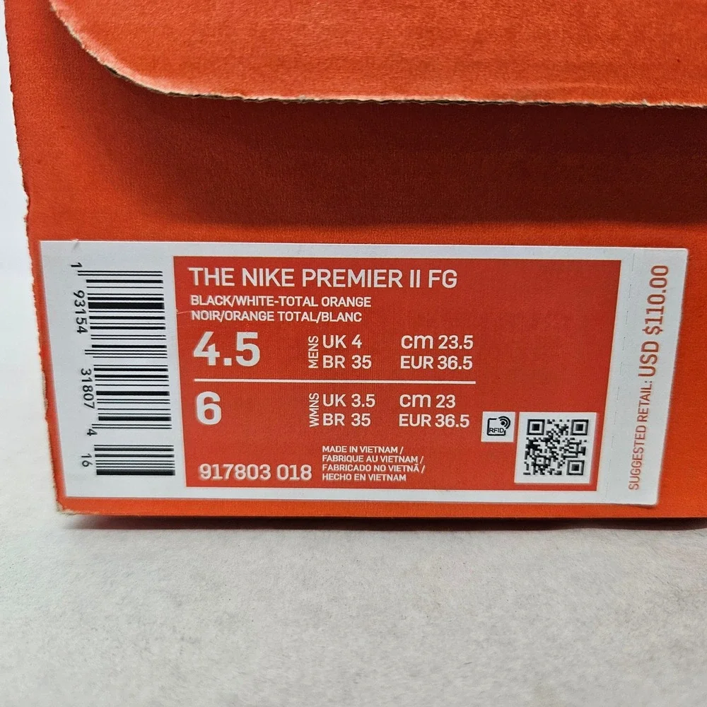 Nike Women's Premier II 2 FG Soccer Cleats 917803-018‎ Black White Orange Sz 6